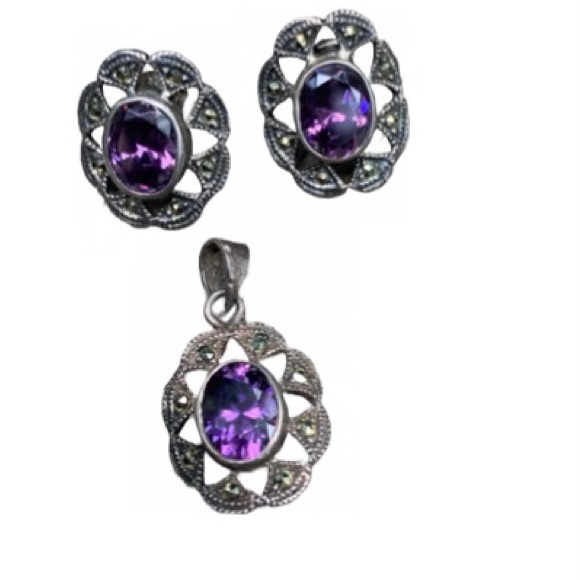 Jewelry - Vintage Amethyst Marcasite SS earrings and pendant.